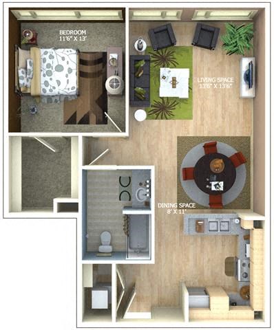 Floor plan for 1 bed, 1 bath, 798 sqft